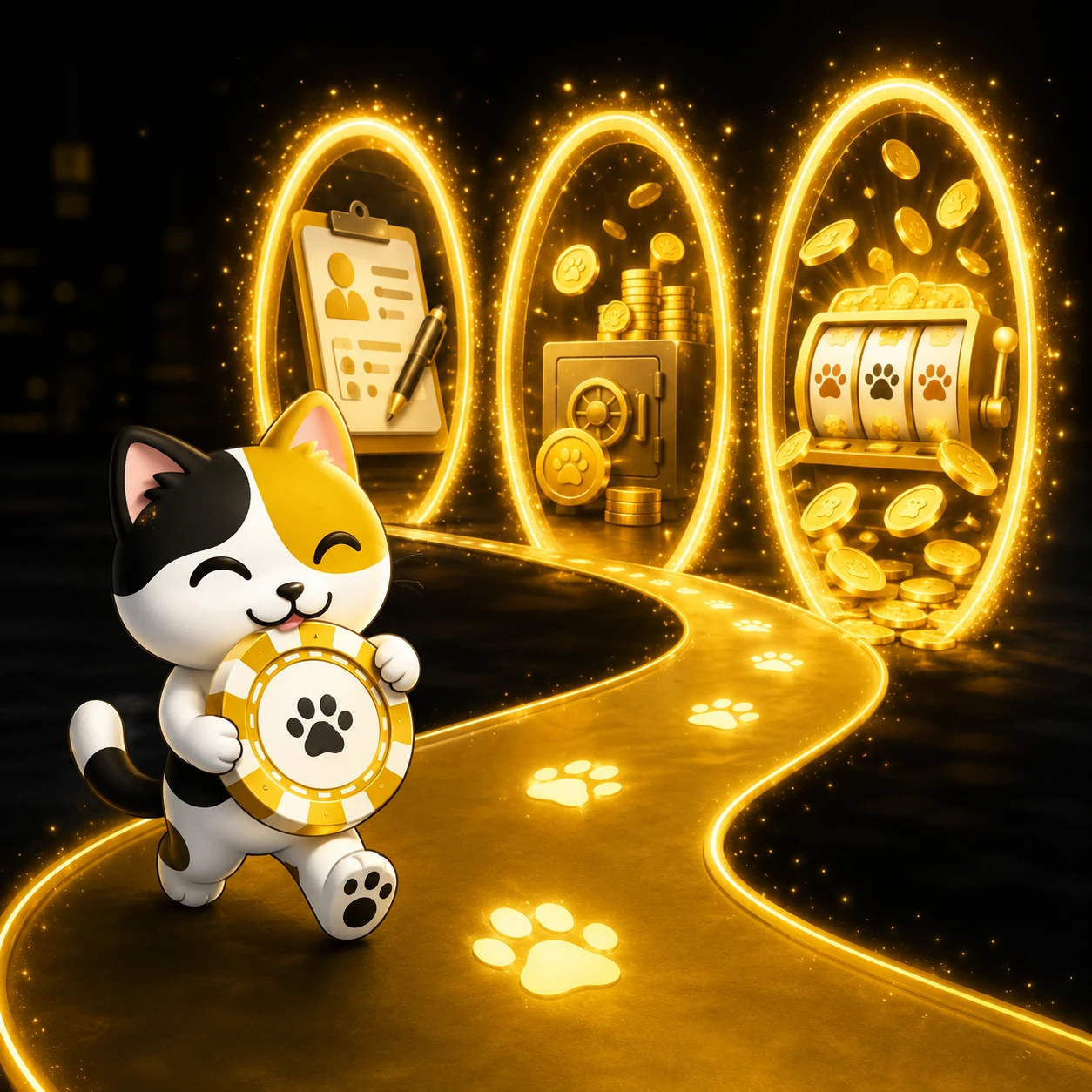 LuckyCalico welcome bonus banner featuring the calico cat mascot with gold coins and reward elements